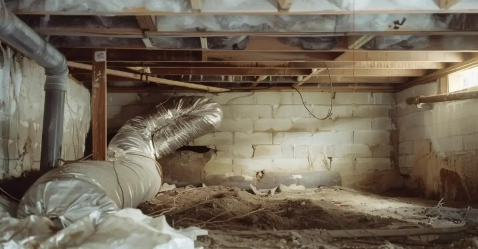 Unencapsulated crawl space with a bare dirt floor, block foundation walls and exposed joists