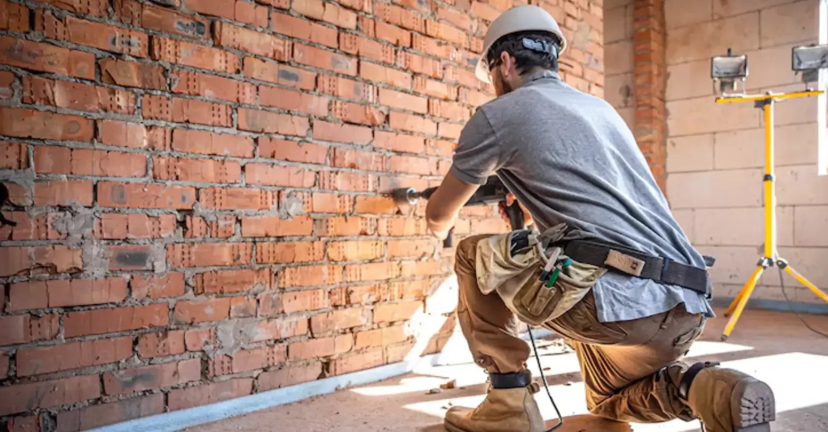 Worker in a hard hat repairing a red-brick foundation wall