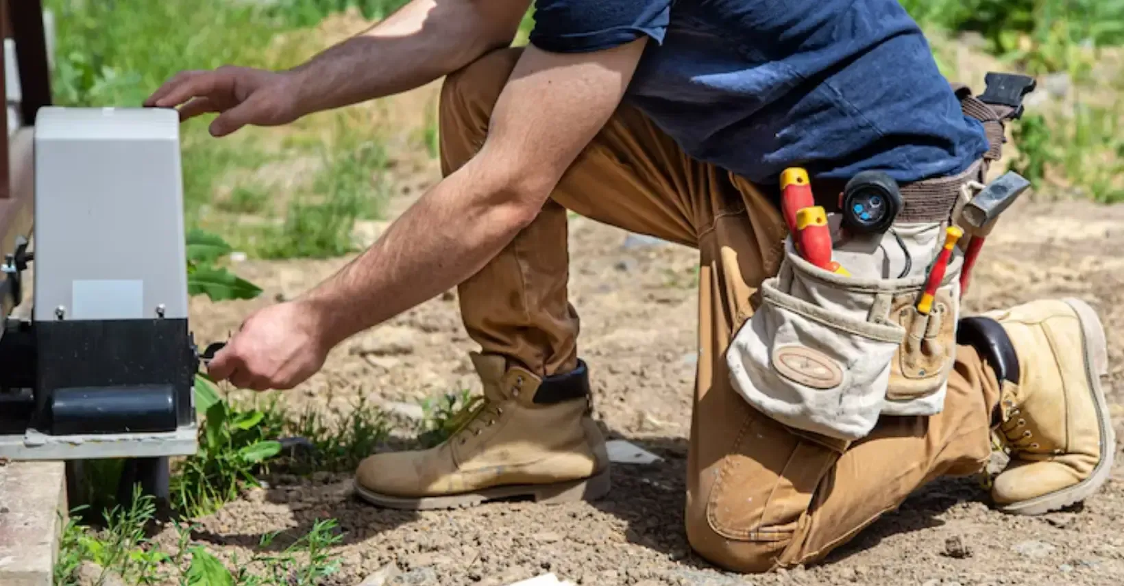 Worker installing a black drainage catch basin in a yard