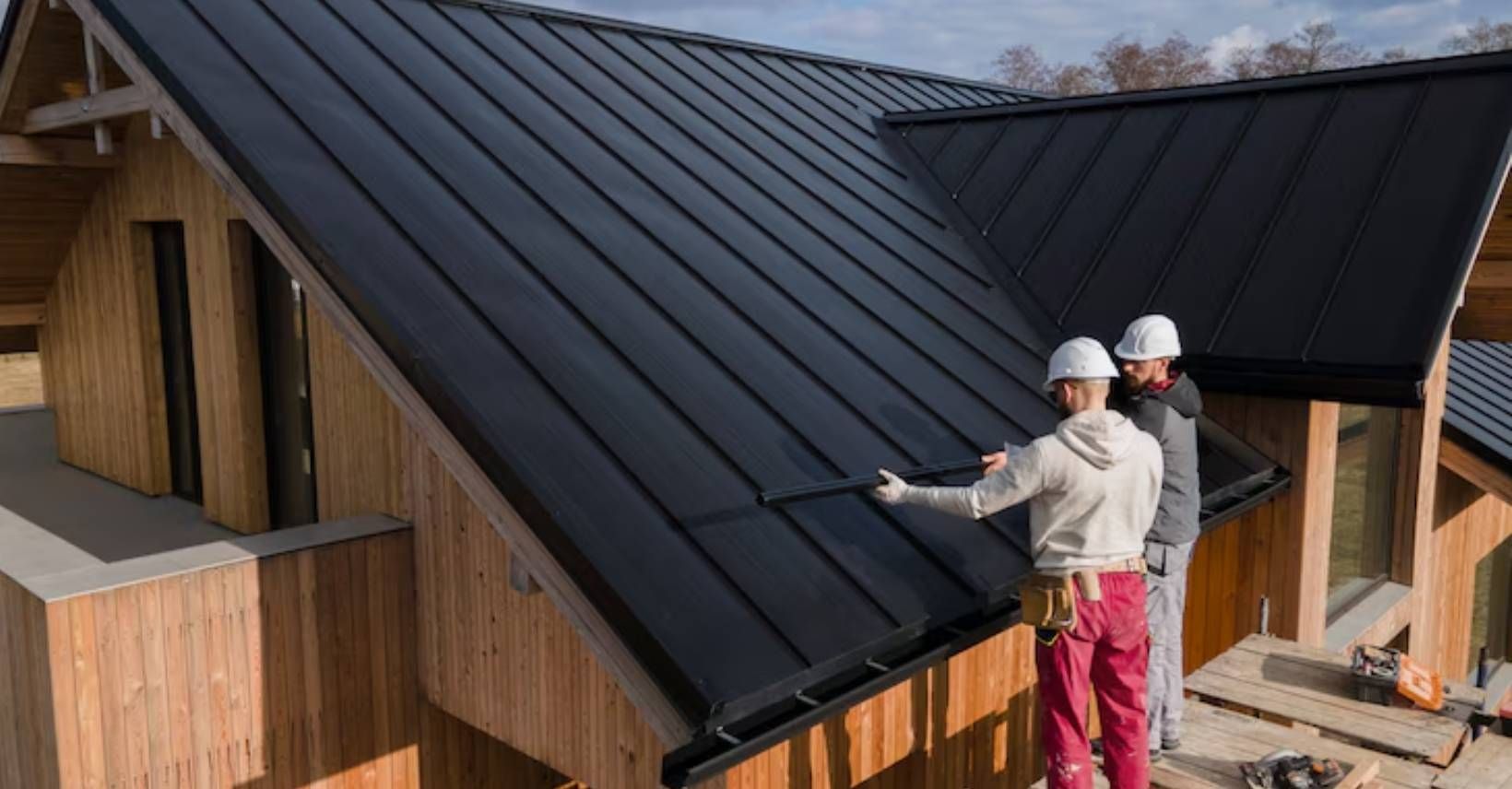 Two roofers working on a new black standing-seam metal roof