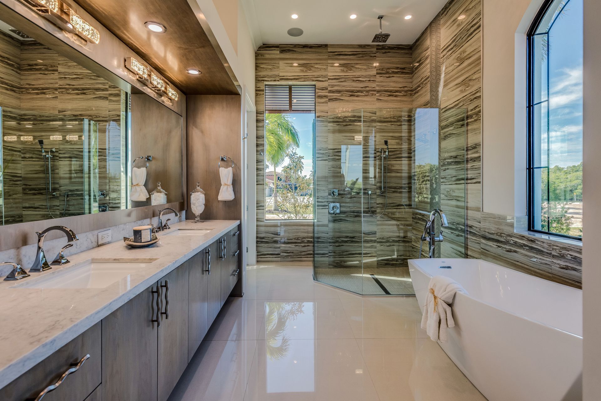 Remodeled bathroom with a freestanding tub and tiled walk-in shower